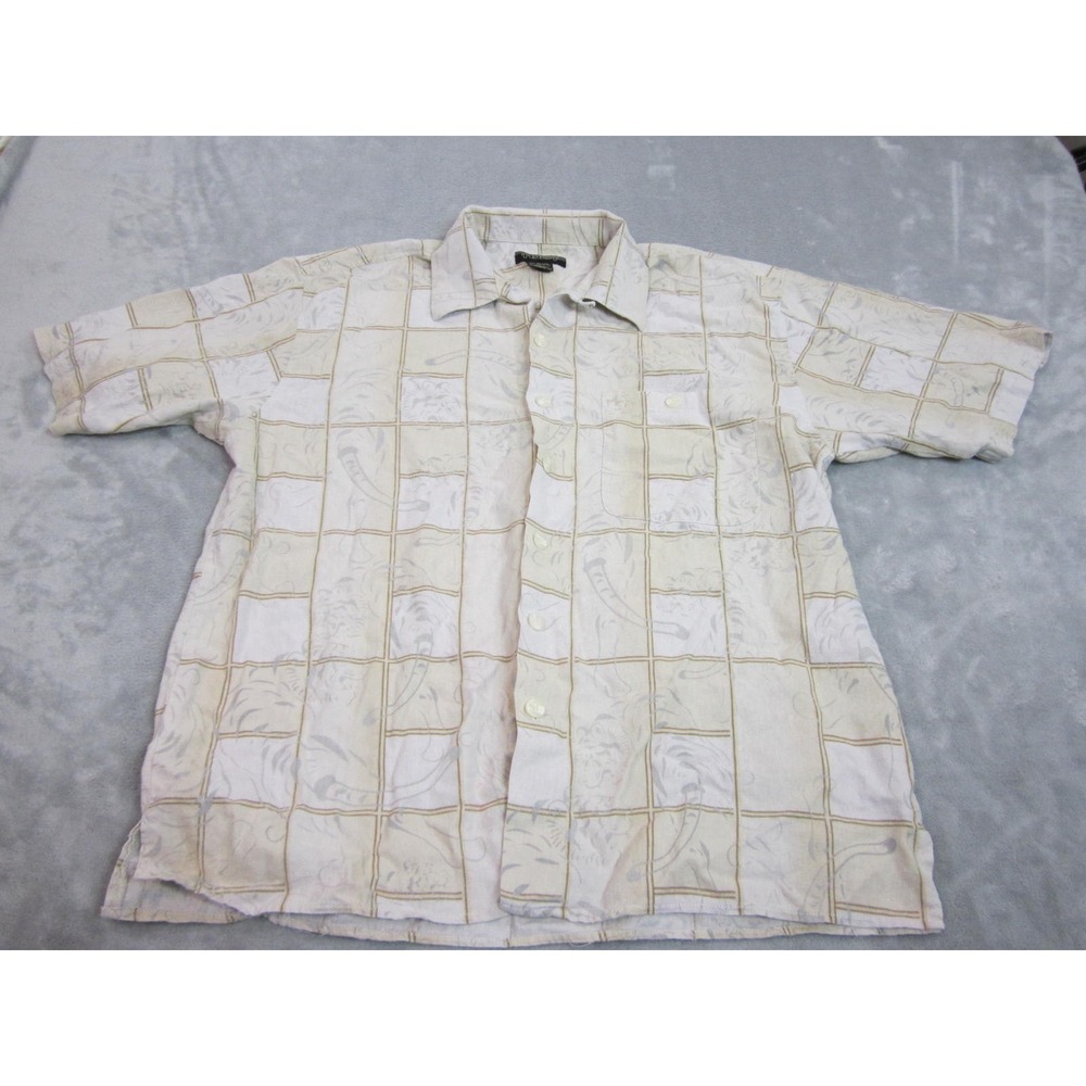 Vintage Trust Shirt Mens Large Beige Plaid Button Down Made USA Linen Casual